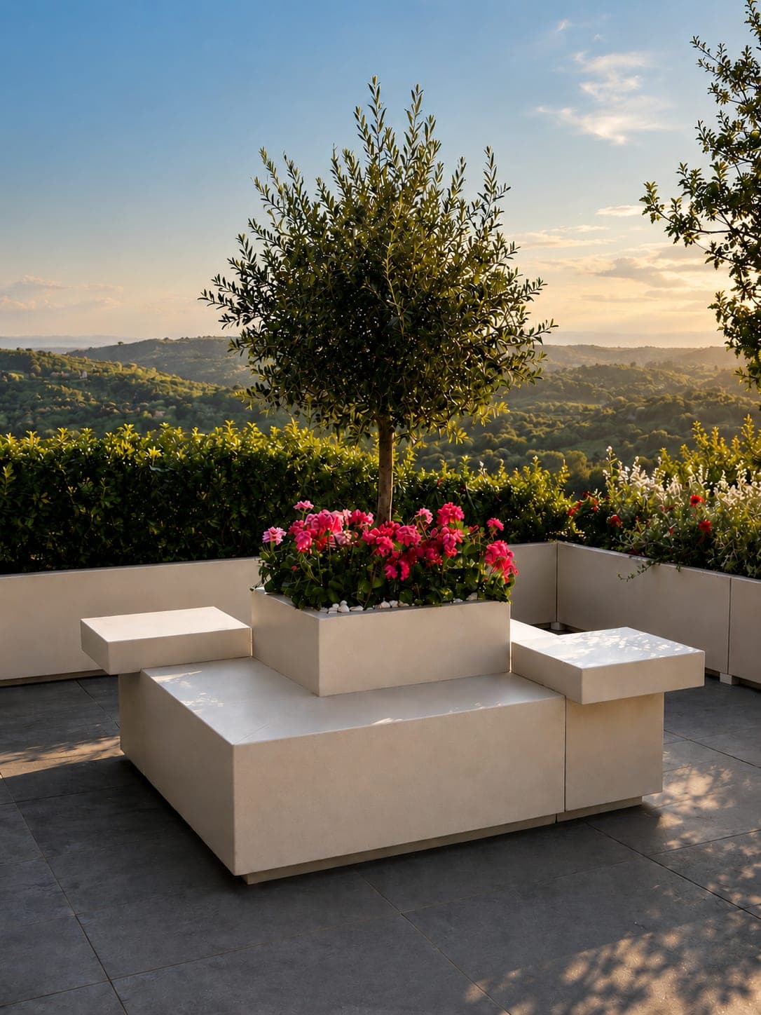 Fioriera con ulivo e seduta integrata su una terrazza al tramonto