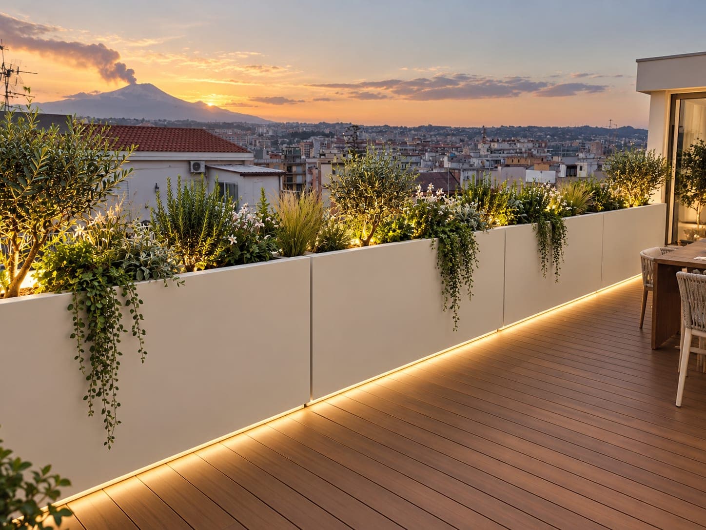 Fioriere con luce integrata al tramonto