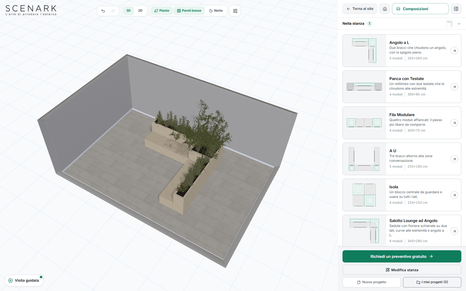 Il configuratore 3D Scenark: una composizione ad angolo con piante in una stanza disegnata in pianta