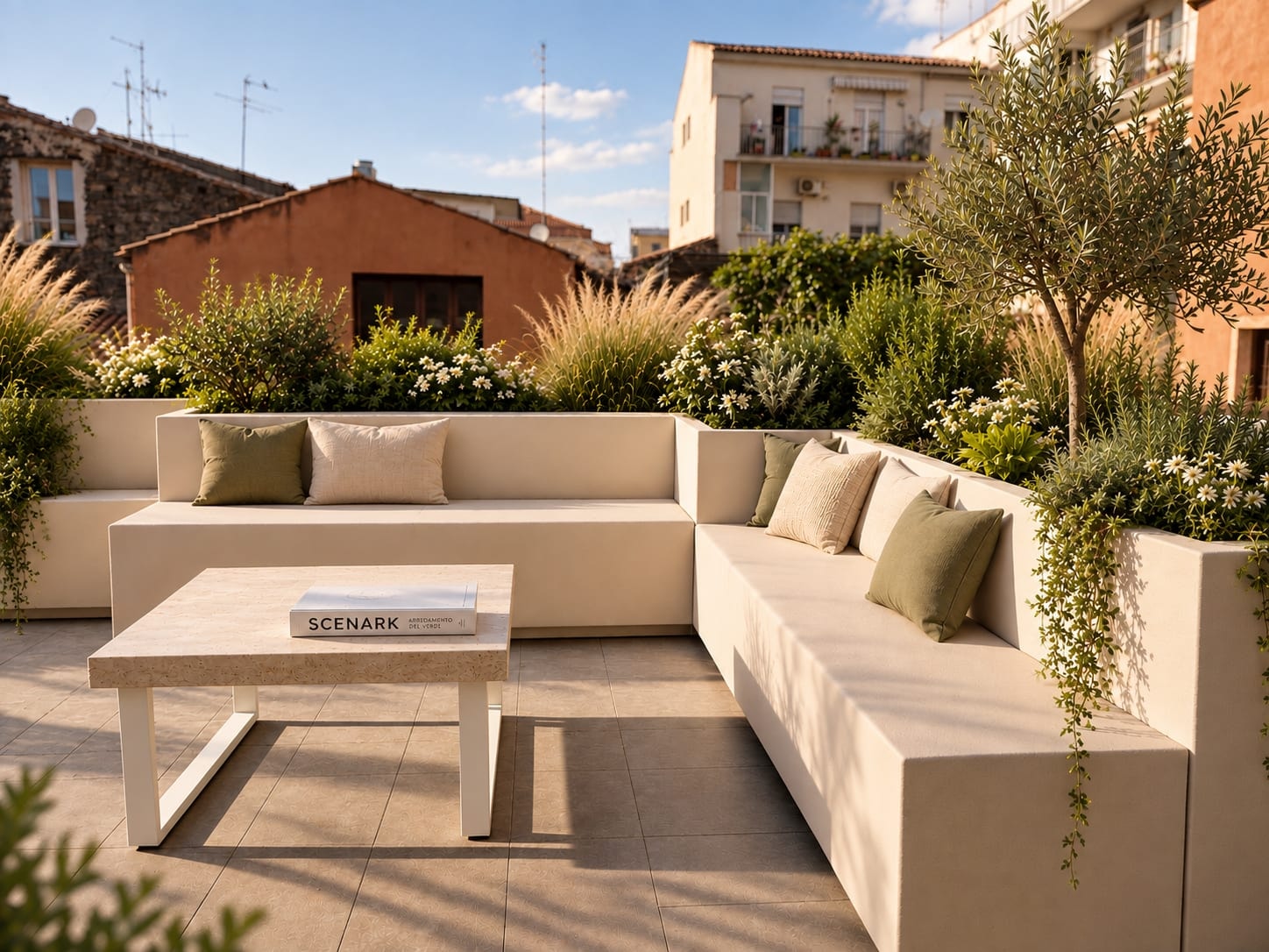 Divano e tavolino su una terrazza affacciata sui tetti del centro storico